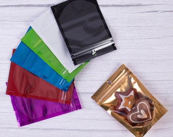 C305- QQ Studio Single-Sided Clear Glossy Color Stand Up Resealable Packaging Bags for Food Storing or Beauty Product (100 Bags/Pack)
