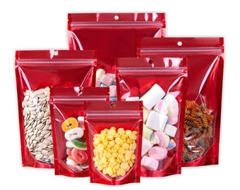 C305- QQ Studio Single-Sided Clear Glossy Red Stand Up Resealable Packaging Bags for Food Storing or Beauty Product (100 Bags/Pack)