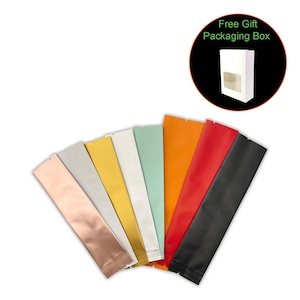 May include: Assortment of ten different colored stand-up pouches, all with a matte finish. The pouches are arranged in a fan shape, with the colors ranging from gold to black.