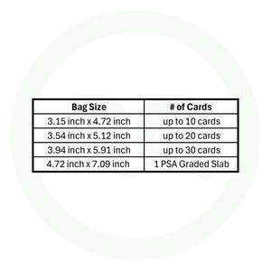 May include: A black and white chart detailing bag sizes and card quantities. The chart lists bag sizes in inches, ranging from 8.0 x 12.0 cm to 12.0 x 18.0 cm, and corresponding card capacities.