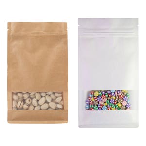 C312-329- 100 Sacos de papel Kraft com reforço lateral e fundo plano, com janela transparente e fecho retrátil