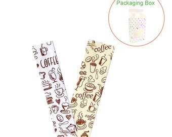 Glossy Coffee Print Design Heat Sealable Metallic Film SlickSeal™ Bags with Tear Notch 100 Bags + 10 White Gift Packaging Box