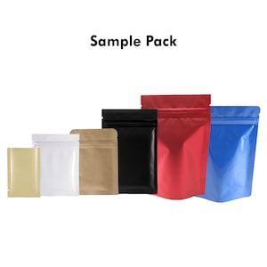 May include: Sample Pack of six different colored stand-up pouches. The pouches are made of a shiny, metallic material. The colors are brown, white, black, red, and blue.