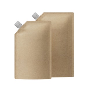 C4425 – 2/50 Sacchetti autoportanti in carta Kraft con beccuccio per prodotti di bellezza, shampoo, balsamo, lozione, olio essenziale con tappo a scatto a bocca larga ricaricabile
