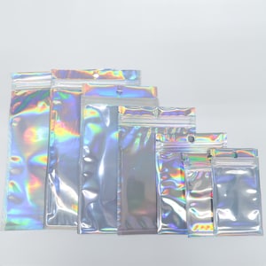 C249- 100 Shiny Holographic Metallized Foil Zip Seal Clear Front Camping and Hiking Outdoor Storage Pouch for Powdered Lemonade Drink Mix