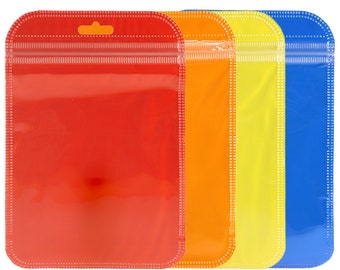 C241- Pack of 100 Clear Front w/ Color Inside / White Backing Flat Plastic Material Front Resealable Bags with Butterfly Hang-Hole