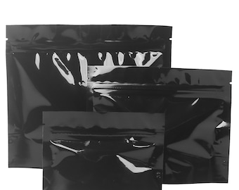 C301 QQ Studio 100 or 25 Black Horizontal Glossy Metallic Foil Food Grade Stand Up QuickQlick Packaging Bags for Food and Beauty Products