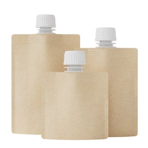 May include: Three brown paper pouches with white screw-top lids. The pouches are different sizes and are arranged in a row from largest to smallest.