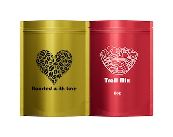 100 Matte Colored Mylar Stand Up Zipper Seal Bags with 1-Color Single-Soded Logo Design Print for Repacking Beauty, Food, Coffee, Favor Bags