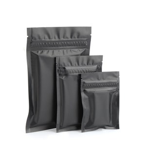 May include: Three black zippered pouches of different sizes, made of a shiny, metallic material. The pouches are standing upright on a white background.