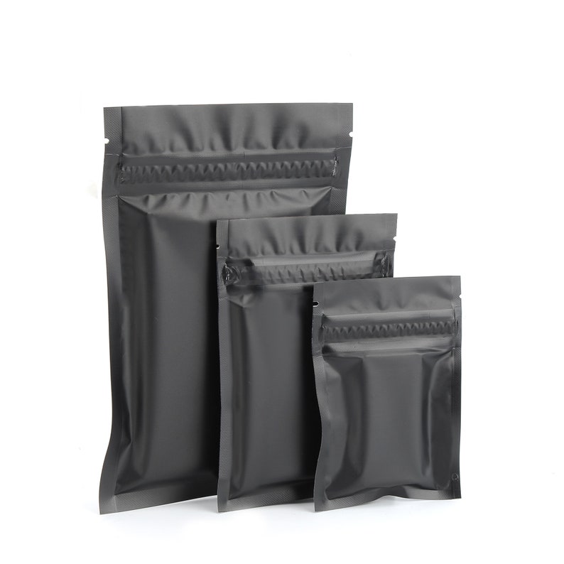 May include: Three black zippered pouches of different sizes, made of a shiny, metallic material. The pouches are standing upright on a white background.