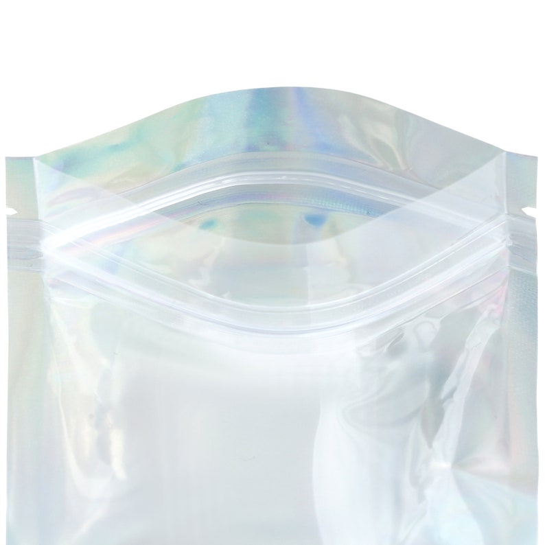 May include: A clear iridescent plastic resealable bag with a zipper closure.