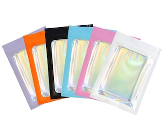 C267 QQ Studio Holographic, Assorted Zipper Lock Pouches with Clear Window, Metallic Foil Sample Bags (100 Bags/Pack)