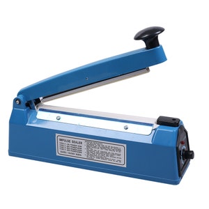 May include: A blue impulse sealer with a black handle and a silver heating element. The sealer has a label that reads "Impulse Sealer" and lists different types and power ratings. The label also includes operating instructions.