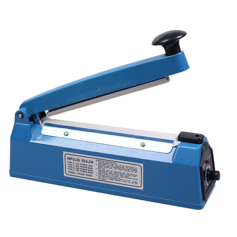 May include: A blue impulse sealer with a black handle and a silver heating element. The sealer has a label that reads "Impulse Sealer" and lists different types and power ratings. The label also includes operating instructions.