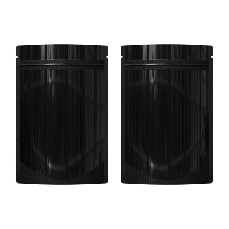May include: Two black stand-up pouches with a zipper closure. The pouches are made of a shiny, metallic material.