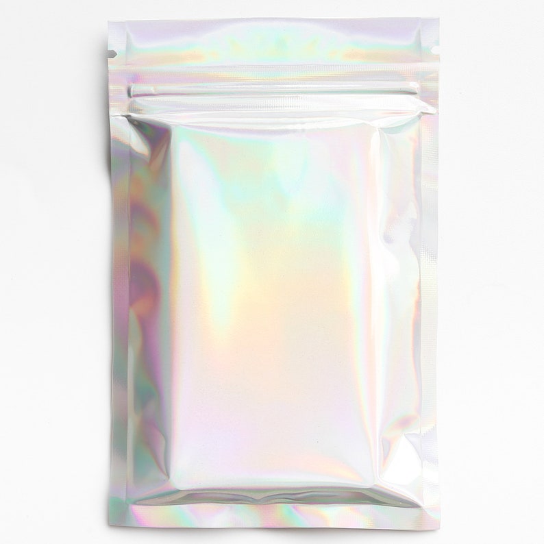 May include: A silver iridescent resealable pouch with a zipper closure. The pouch is empty and ready to be filled.