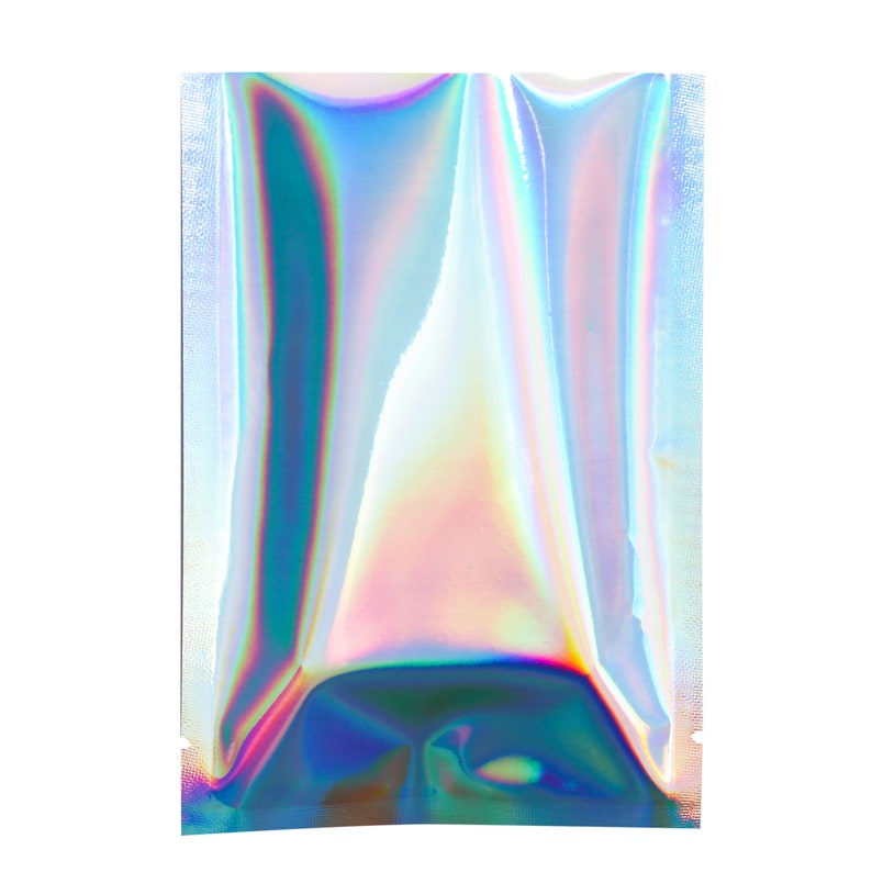 May include: A silver iridescent pouch with a smooth, shiny finish. The pouch is folded in the middle, creating a V-shape.