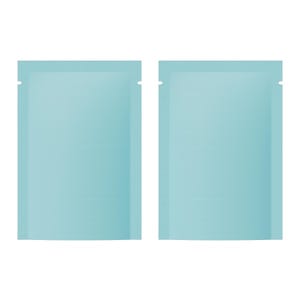 May include: Two pale blue rectangular pouches with a matte finish. Each pouch has a small notch at the top for easy opening. The pouches are side by side against a white background. The pouches are likely for packaging small items.