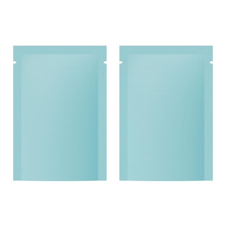 May include: Two pale blue rectangular pouches with a matte finish. Each pouch has a small notch at the top for easy opening. The pouches are side by side against a white background. The pouches are likely for packaging small items.