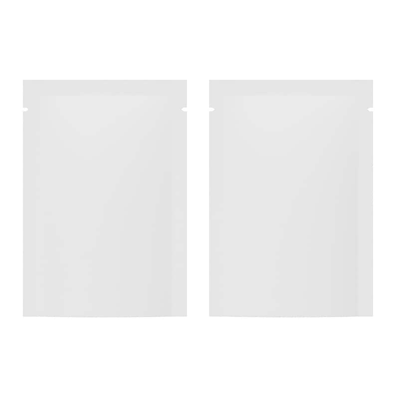 May include: Two white, rectangular, blank pouches with a small notch at the top for easy opening. The pouches are side by side, and the background is plain white.