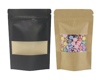 C328- Rounded Top Brown Kraft Resealable Bottom Gusset Stand-Up Bags w/ Window (100 Bags/Pack)