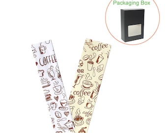 Glossy Coffee Print Design Heat Sealable Metallic Film SlickSeal™ Bags with Tear Notch 100 Bags + 10 Black Gift Packaging Box