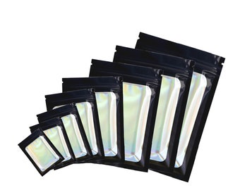 C267-05 QQ Studio Holographic Verpackung, Schwarze Tasche mit Klarsichtfenster, Beauty Sample Bag mit Zipper Lock
