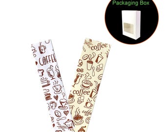 Glossy Coffee Print Design Heat Sealable Metallic Film SlickSeal™ Bags with Tear Notch 100 Bags + 10 White Gift Packaging Box