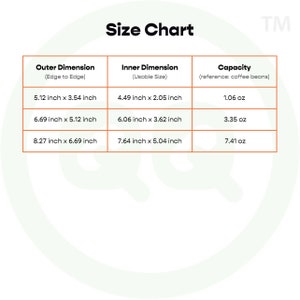 May include: Size chart for coffee bean containers. The chart shows the outer and inner dimensions in inches, along with the capacity in ounces.