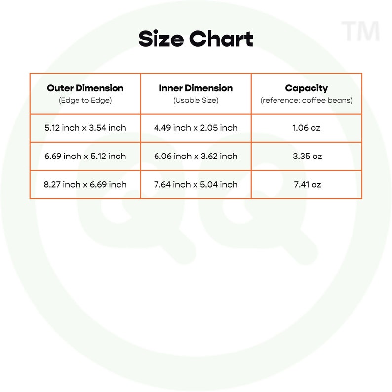 May include: Size chart for coffee bean containers. The chart shows the outer and inner dimensions in inches, along with the capacity in ounces.