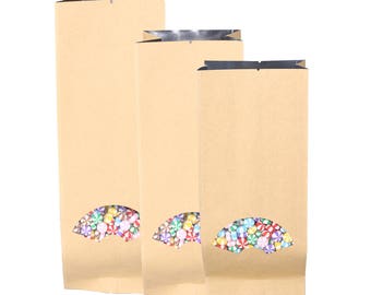 C106- Brown Kraft Arch Window Long Open Top Bags w/ Top & Bottom Tear Notches (100 Bags/Pack)