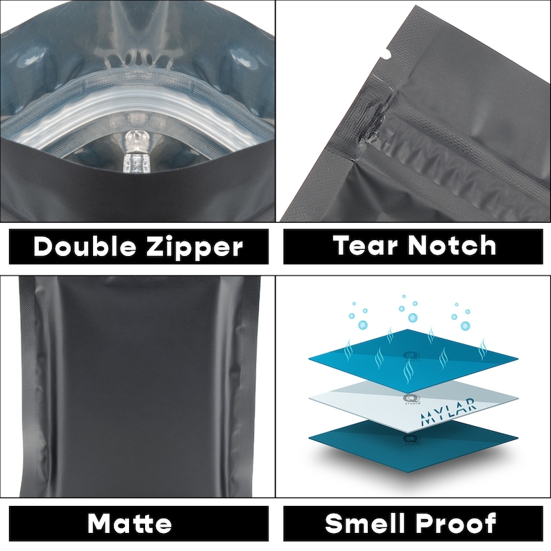 May include: Close-up of a black, matte, stand-up pouch with a double zipper, tear notch, and a smell-proof layer. The pouch is made of a multi-layered material, including Mylar.
