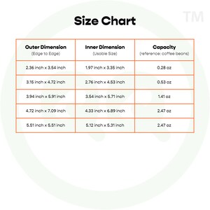 May include: A size chart for coffee bean containers, showing the outer and inner dimensions in inches, along with the capacity in ounces. The chart is labeled "Size Chart" and "TM".