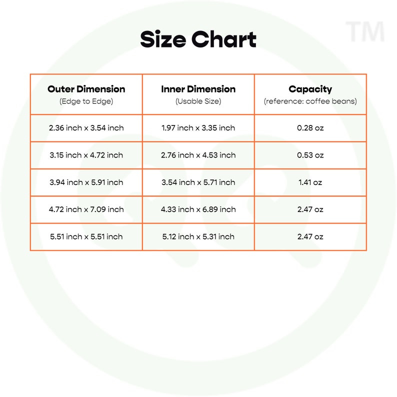 May include: A size chart for coffee bean containers, showing the outer and inner dimensions in inches, along with the capacity in ounces. The chart is labeled "Size Chart" and "TM".