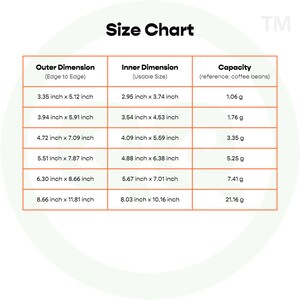 May include: A size chart for coffee bean containers, showing the outer and inner dimensions in inches, along with the capacity in grams. The chart is labeled "Size Chart" and "TM".
