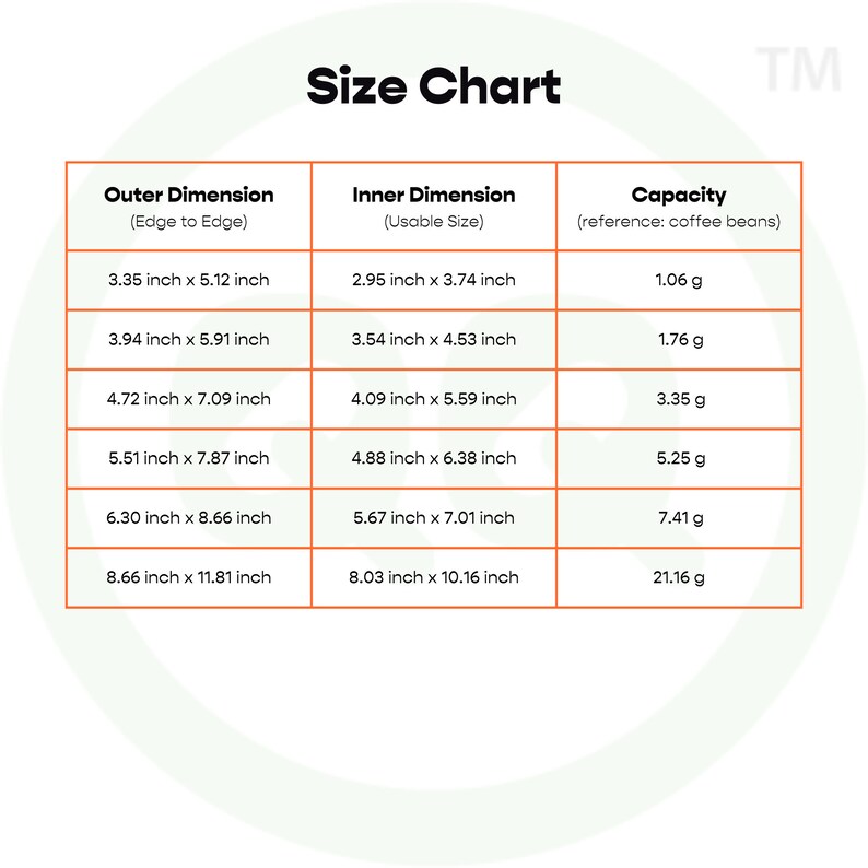 May include: A size chart for coffee bean containers, showing the outer and inner dimensions in inches, along with the capacity in grams. The chart is labeled "Size Chart" and "TM".