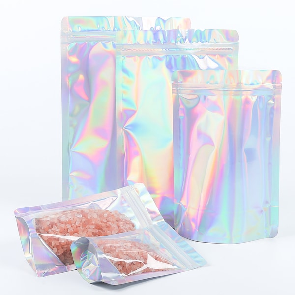 C375- 100 Holographic Windowed Metallic Film Packaging Bags with Water Resistant Lining, QuickQlick™ Seal for Beauty Personal Care Products