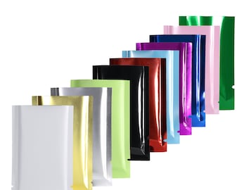 Pack of 100 Mixed Color Open Top Metallized Foil Packaging Sample Size Bags (Size & Color You Pick)