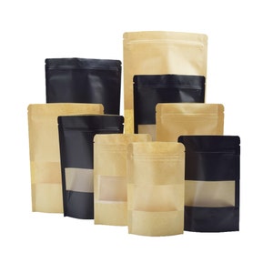 QQ Studio 100 sacs d'emballage en papier kraft de qualité alimentaire avec fenêtre QuickQlick refermable et fenêtre translucide pour aliments pour animaux de compagnie et friandises