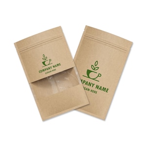 100 Personalization Custom Logo Printing Food Grade Flat Kraft Paper Resealable Clear Window Packaging Bags with Tear Notch 1-Color Print