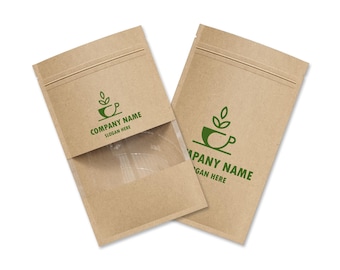 100 Personalization Custom Logo Printing Food Grade Flat Kraft Paper Resealable Clear Window Packaging Bags with Tear Notch 1-Color Print
