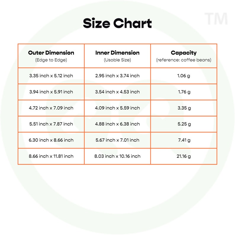 May include: A size chart for coffee bean containers, showing the outer and inner dimensions in inches, along with the capacity in grams. The chart is labeled "Size Chart" and "TM".