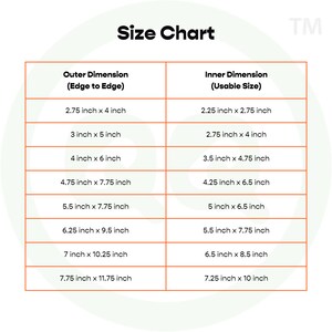 May include: Size chart showing outer and inner dimensions of various sizes of square frames. The chart is labeled "Outer Dimension (Edge to Edge)" and "Inner Dimension (Usable Size)". The measurements are in inches.