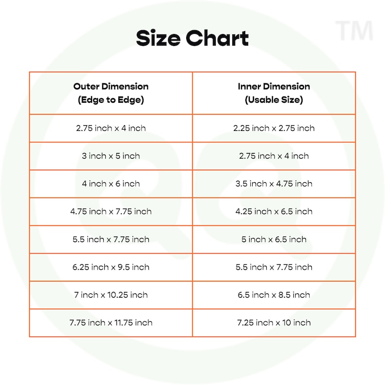 May include: Size chart showing outer and inner dimensions of various sizes of square frames. The chart is labeled "Outer Dimension (Edge to Edge)" and "Inner Dimension (Usable Size)". The measurements are in inches.
