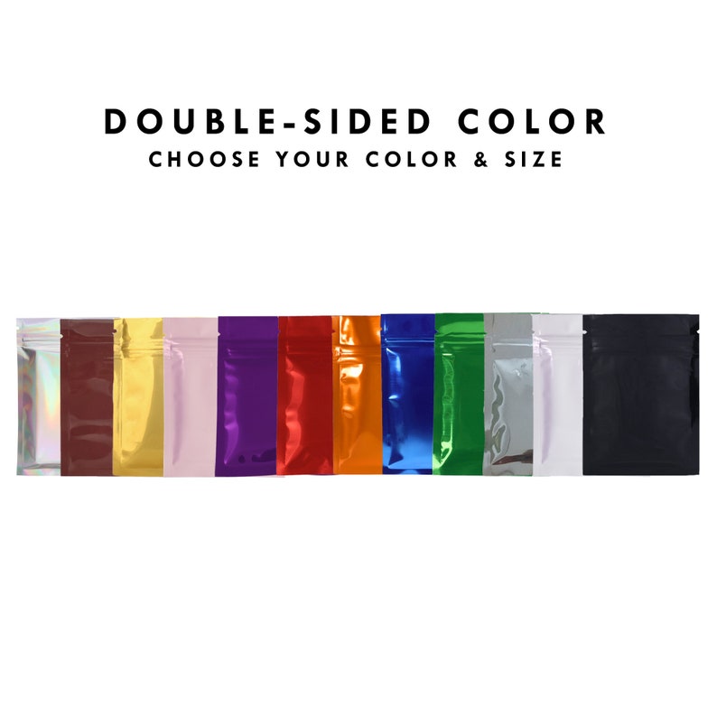 May include: A row of ten different colored, metallic, zippered pouches. The pouches are all the same size and shape. The colors are iridescent, brown, gold, pink, purple, red, orange, blue, green, silver, and black.