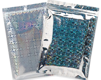 C271-272 - Bolsas de Mylar planas, resellables, transparentes y plateadas, con diseño holográfico (paquete de 100)