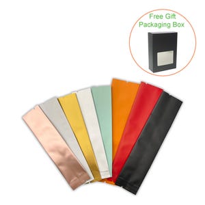 May include: Assortment of ten stand-up pouches in various colors, including rose gold, silver, gold, white, mint green, orange, red, and black. The pouches are made of foil and have a clear window. Free gift packaging box included.