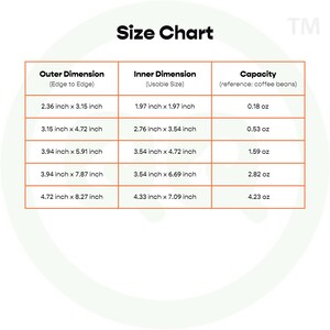 Op de afbeelding: Een maattabel voor containers, met de buiten- en binnenmaten in inches, evenals de capaciteit in ounces. De tabel is getiteld "Size Chart" en "TM".