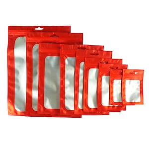C248-20 - QQ Studio Red Mylar Gift Bags, Resealable Zipper Bags with Window, Hangable Favor Bags for Weddings